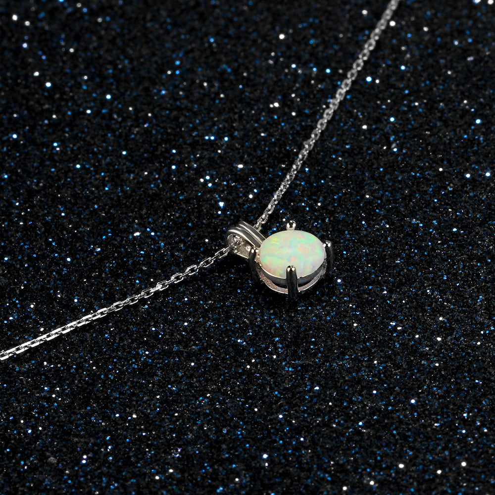 Solitaire Round Opal Pendant Sterling Silver Necklace