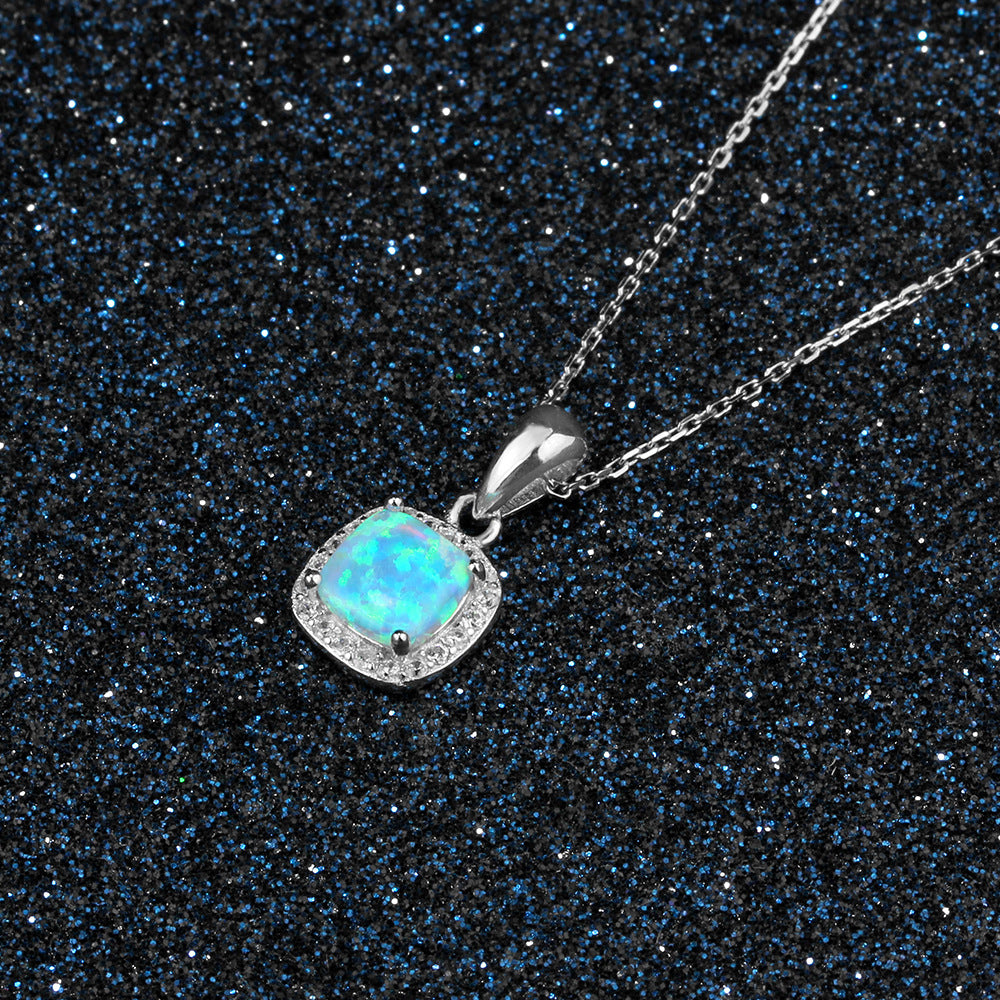 Cushion Shape Blue Opal Zircon Soleste Halo Sterling Silver Necklace