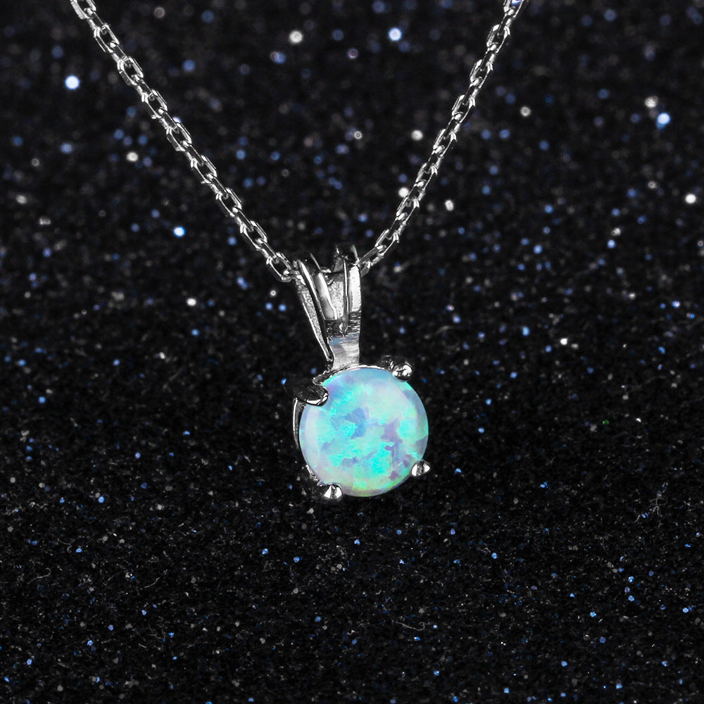 Round Blue Opal Sterling Silver Necklace