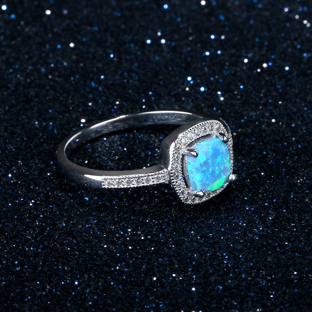 Cushion Cut Blue Opal Soleste Halo Zircon Sterling Silver Ring
