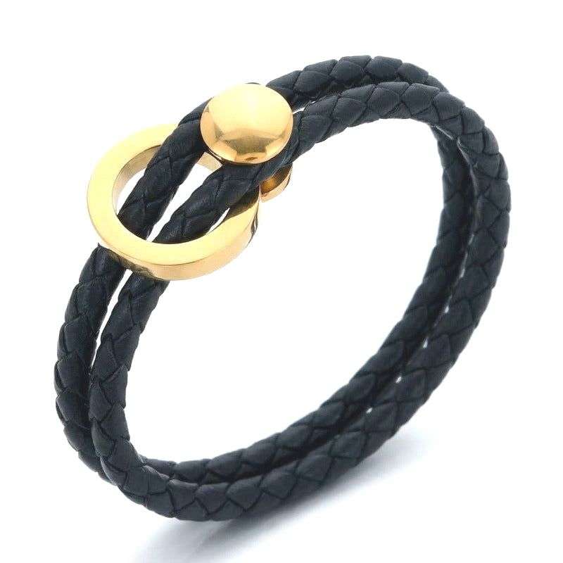 Hand Rope – Stainless Steel Round Buckle Double-Layer Black Leather Men's Bracelet