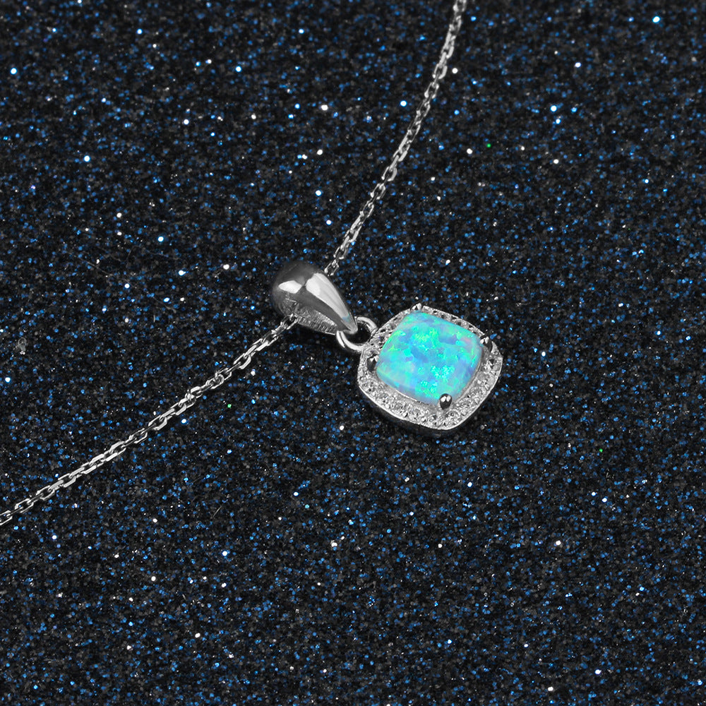 Cushion Shape Blue Opal Zircon Soleste Halo Sterling Silver Necklace