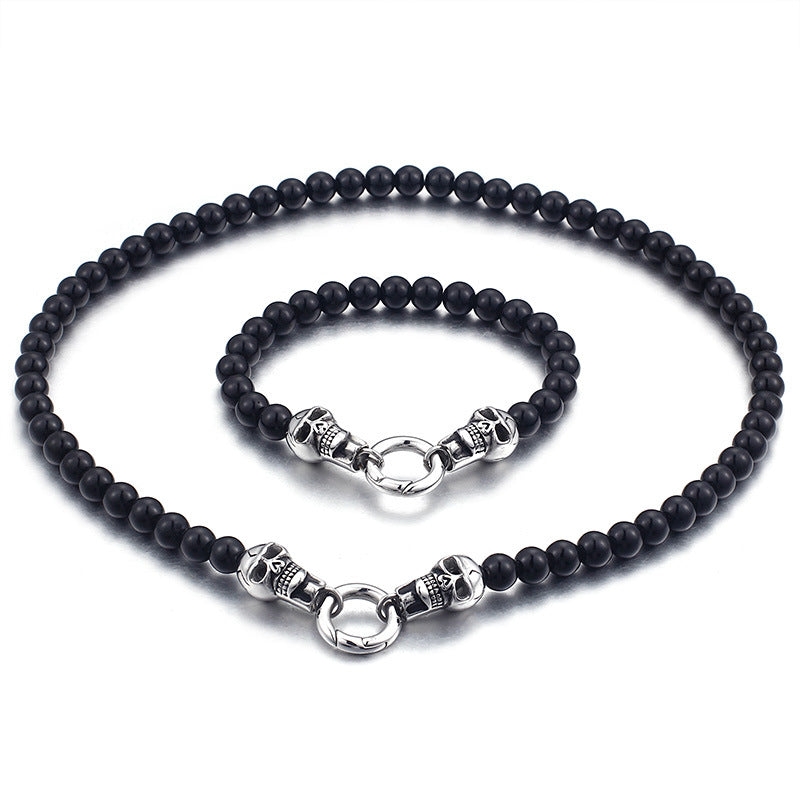 Punk-Inspired Skull Bead Bracelet and Necklace Set for Men - European and American E-Commerce Trend