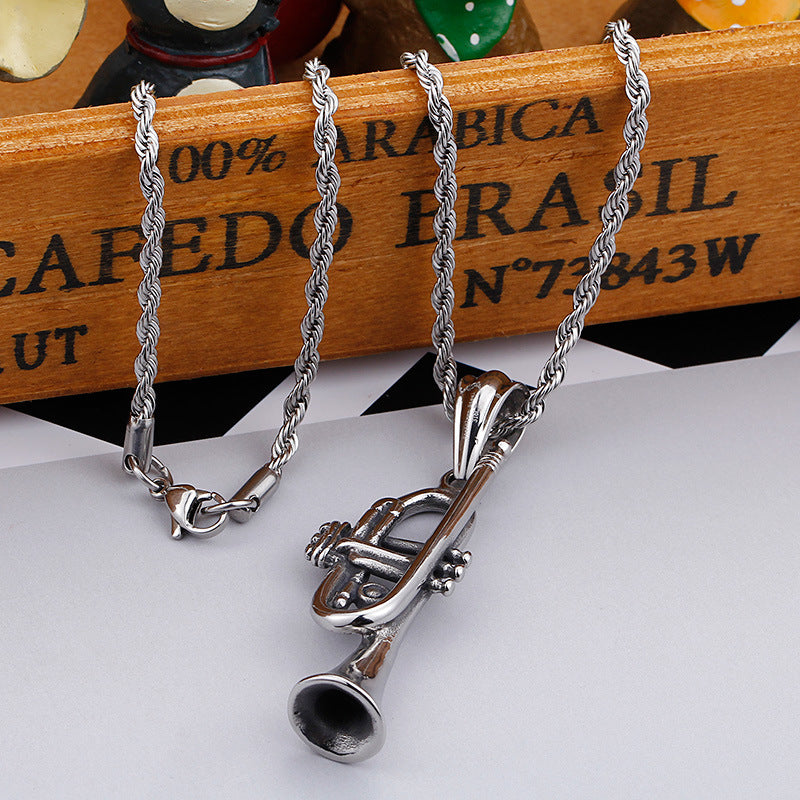 Korean-Inspired Titanium Steel Horn Pendant - Creative Musical Jewelry for Men