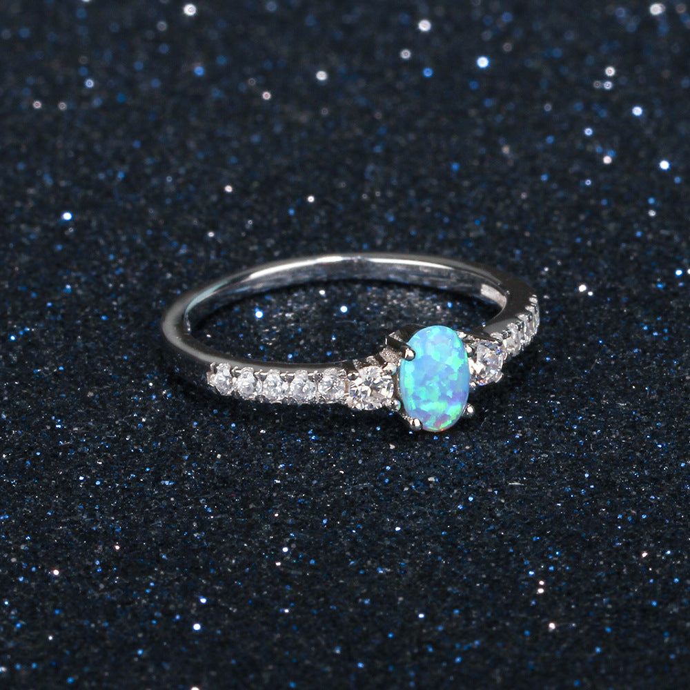 Cathedral Oval Blue Opal with Small Zircon Sterling Silver Ring
