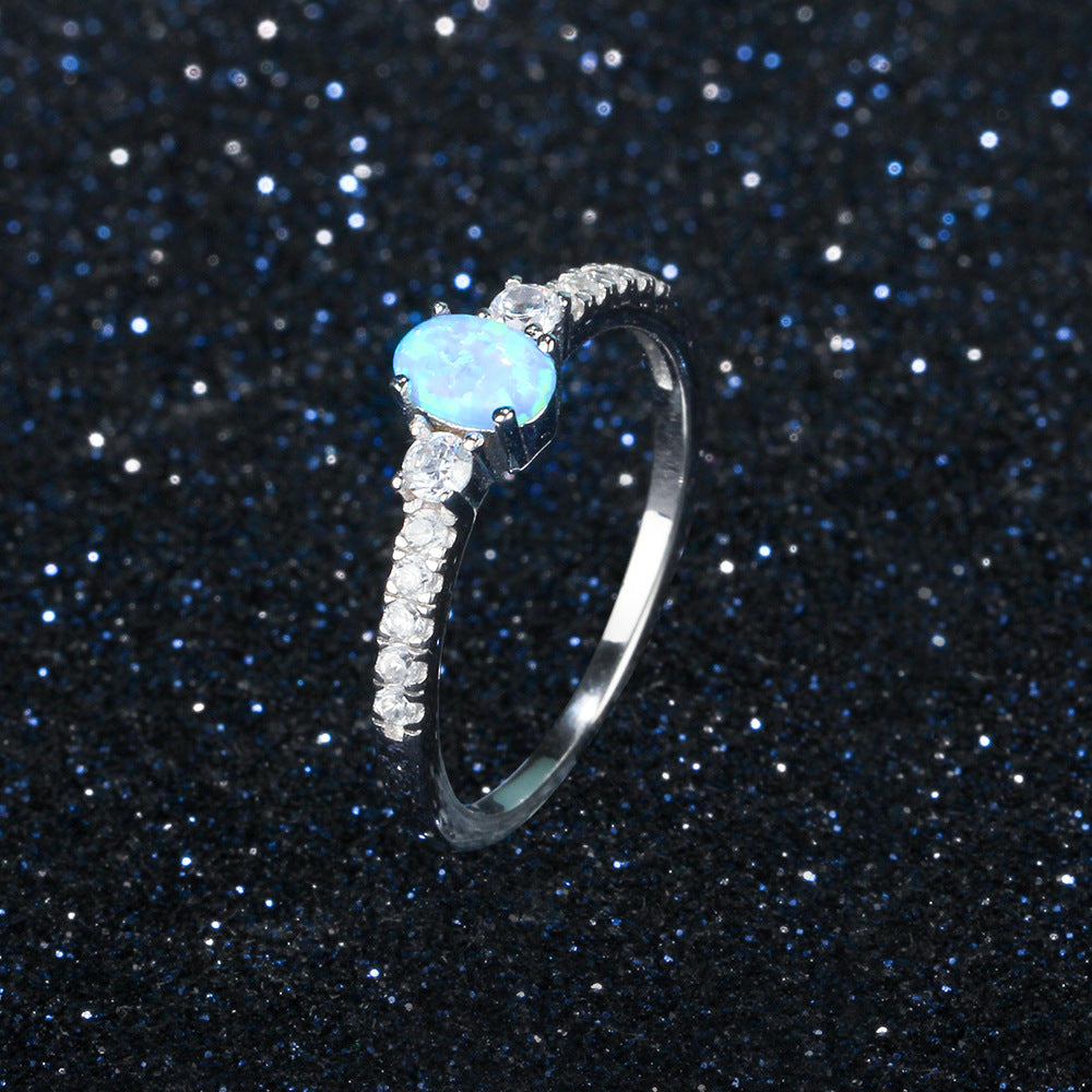 Cathedral Oval Blue Opal with Small Zircon Sterling Silver Ring