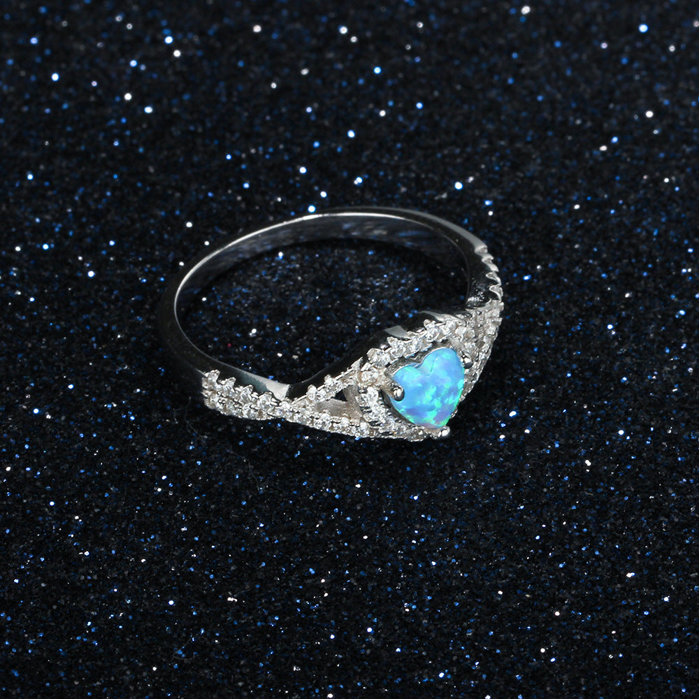 Heart Shape Blue Opal Zircon Halo Interwoven Split Shank Sterling Silver Ring