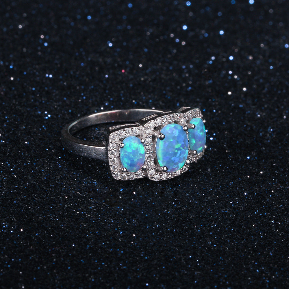 Three Oval Opal Soleste Halo Zircon Sterling Silver Ring