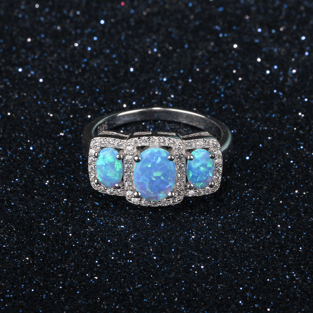 Three Oval Opal Soleste Halo Zircon Sterling Silver Ring