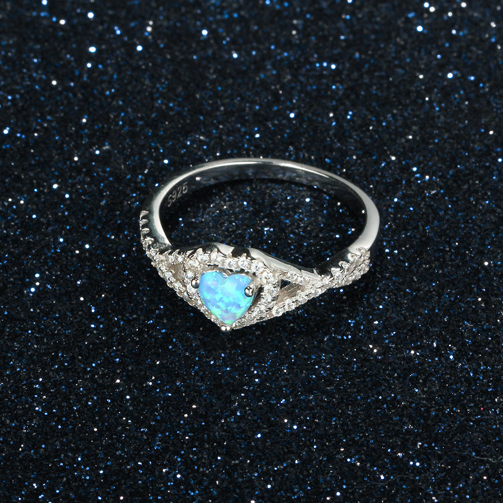 Heart Shape Blue Opal Zircon Halo Interwoven Split Shank Sterling Silver Ring