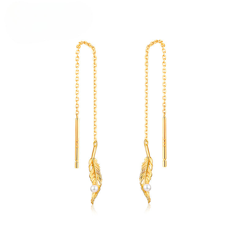 Feather Pendant Pearl Long Tassel Sterling Silver Ear Line Earrings