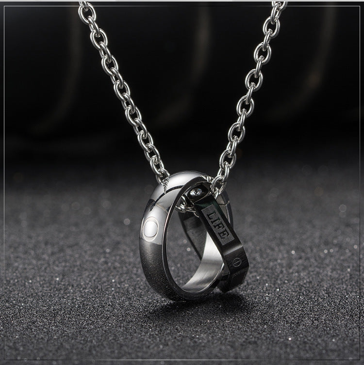 Titanium Steel Square Double Ring Pendant LOVE LIFE Necklace