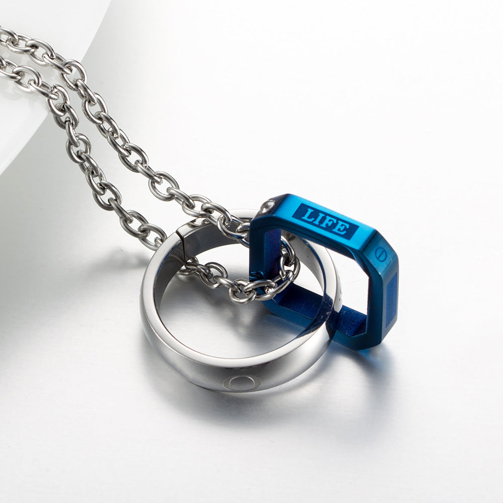 Titanium Steel Square Double Ring Pendant LOVE LIFE Necklace
