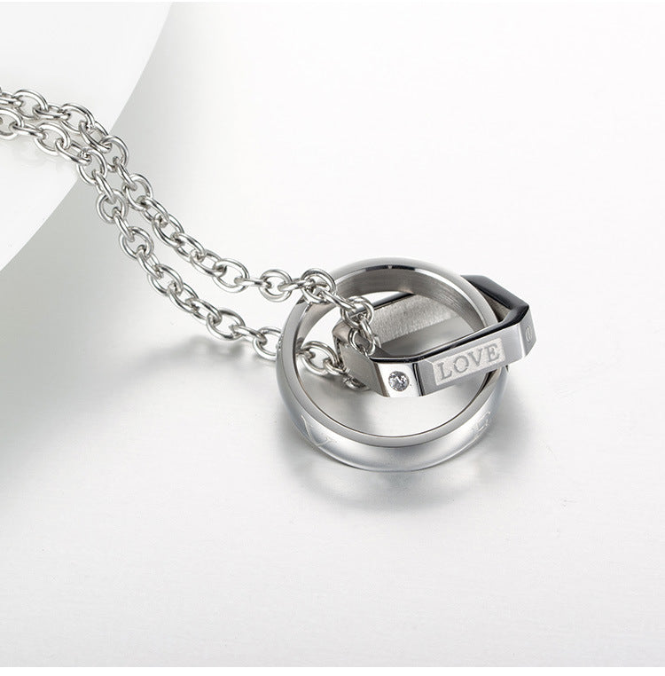 Titanium Steel Square Double Ring Pendant LOVE LIFE Necklace