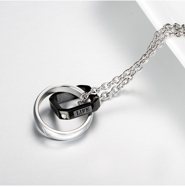 Titanium Steel Square Double Ring Pendant LOVE LIFE Necklace
