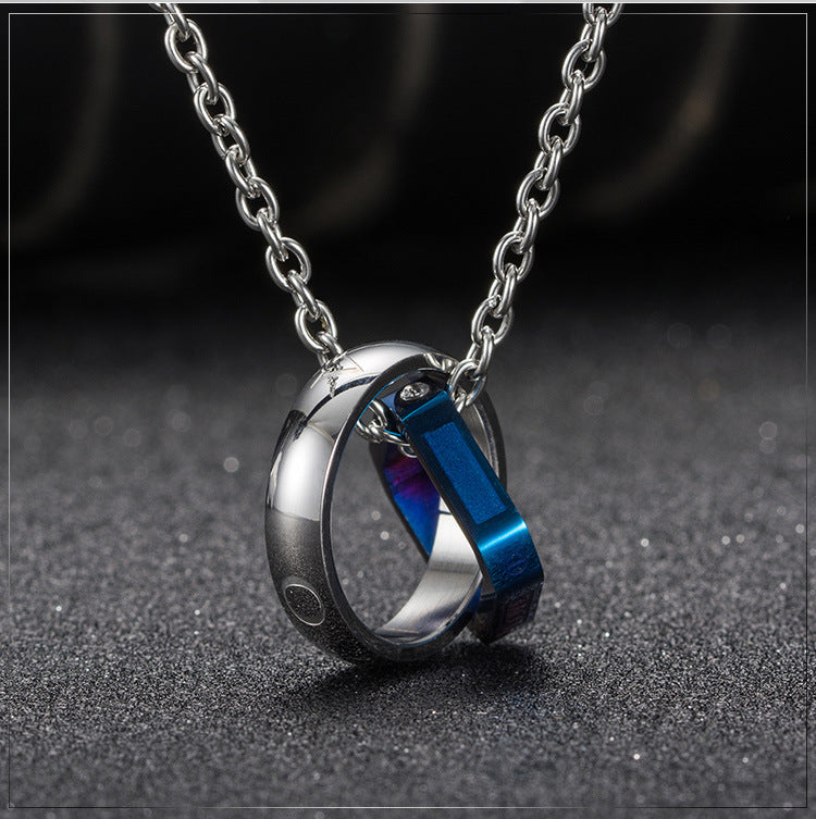 Titanium Steel Square Double Ring Pendant LOVE LIFE Necklace