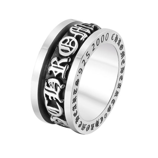 Relief Gothic Text Grooved Turnable Titanium Steel Ring for Men