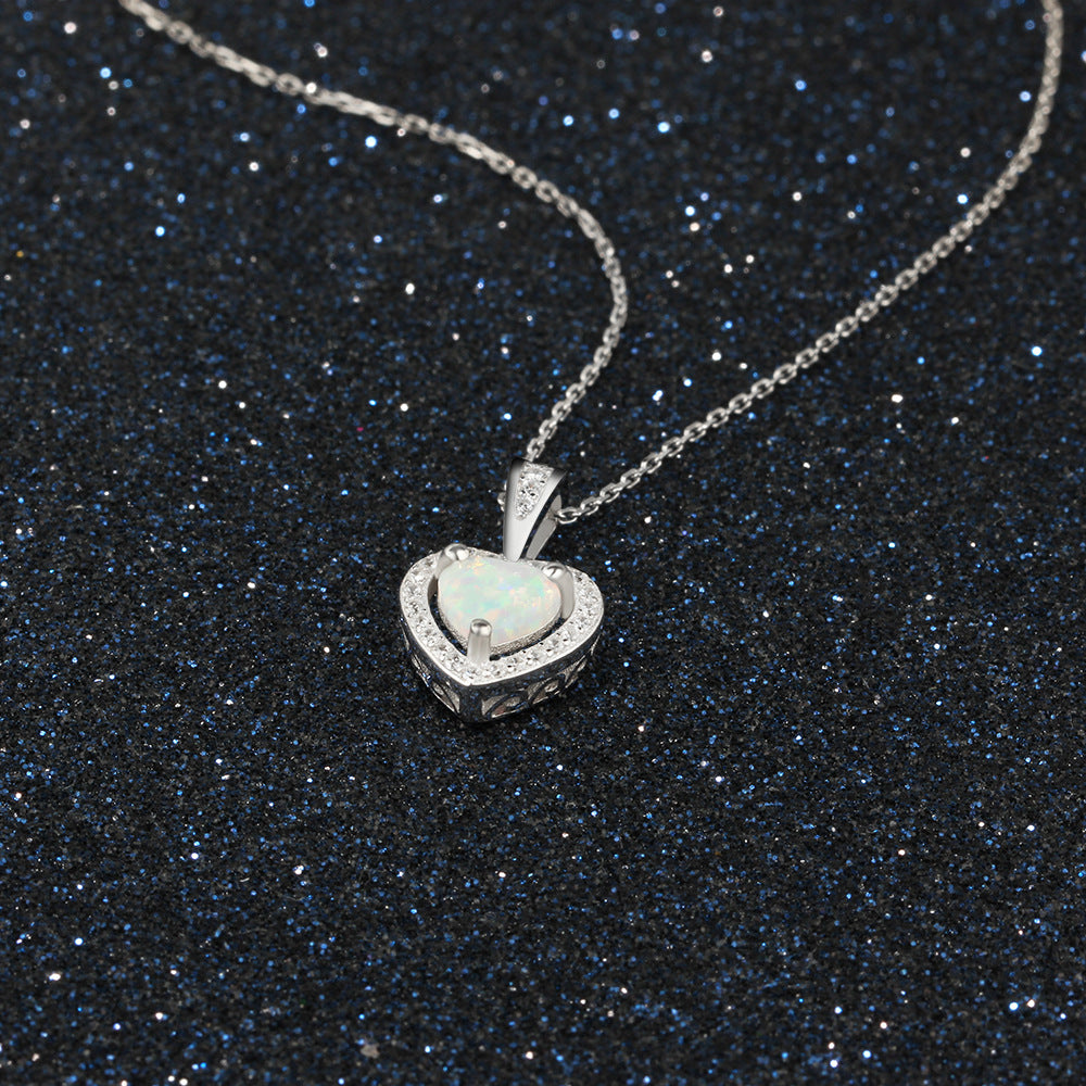 Heart Shape Opal Zircon Soleste Halo Sterling Silver Necklace