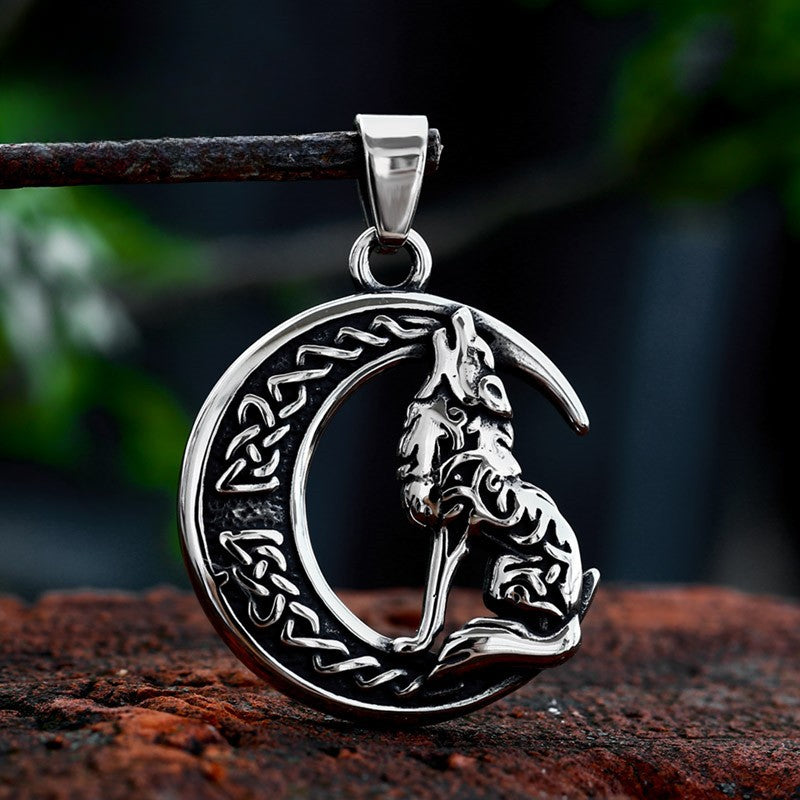 Norse-Inspired Titanium Steel Moon Wolf Pendant for Men - Wholesale Viking Celtic Knot Design