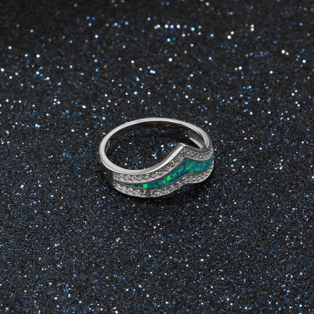 V Shape Princess Crown Blue Opal Zircon Sterling Silver Ring