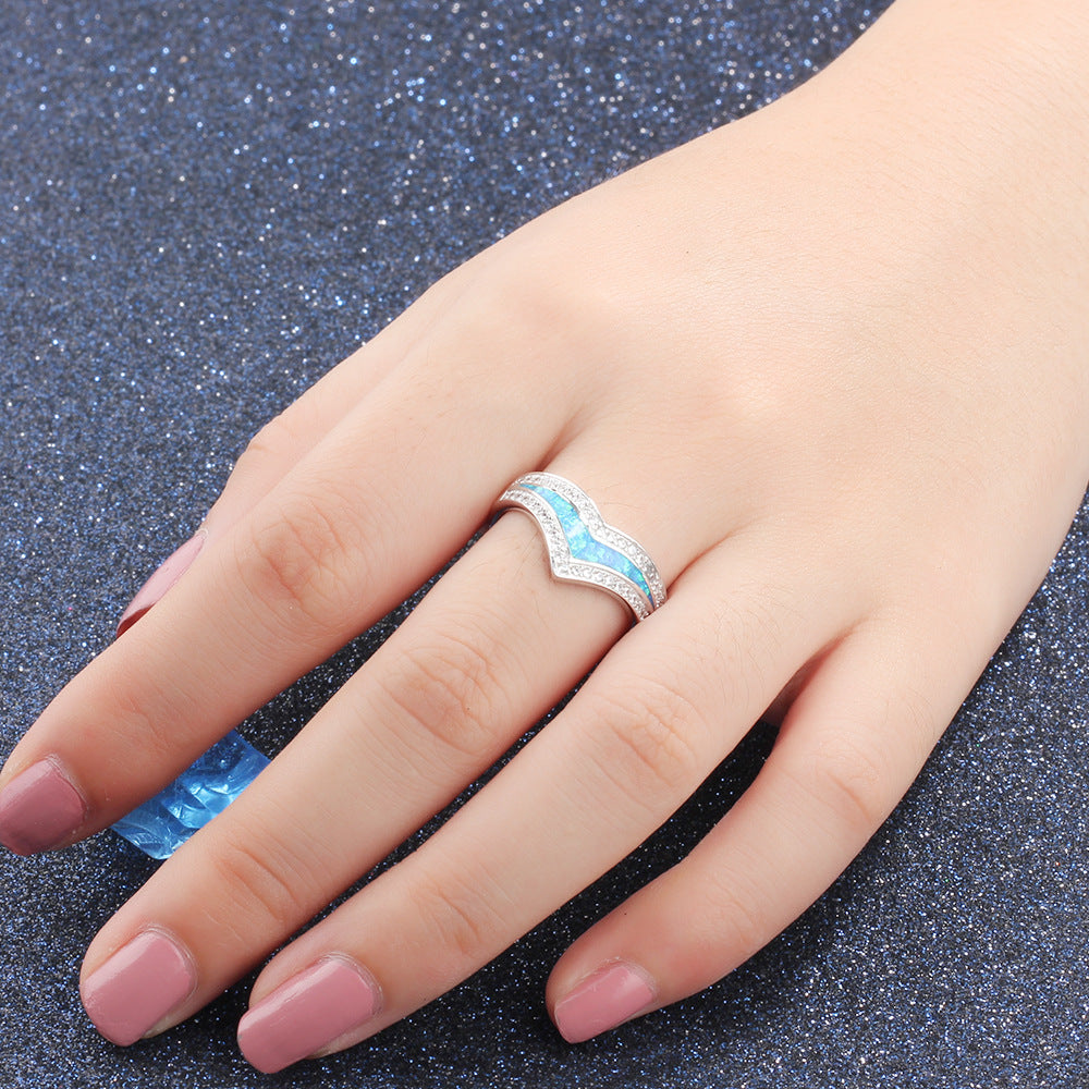V Shape Princess Crown Blue Opal Zircon Sterling Silver Ring