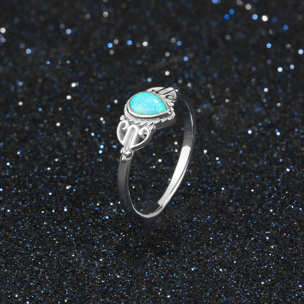 Royal Style Pear Shape Blue Opal Sterling Silver Ring