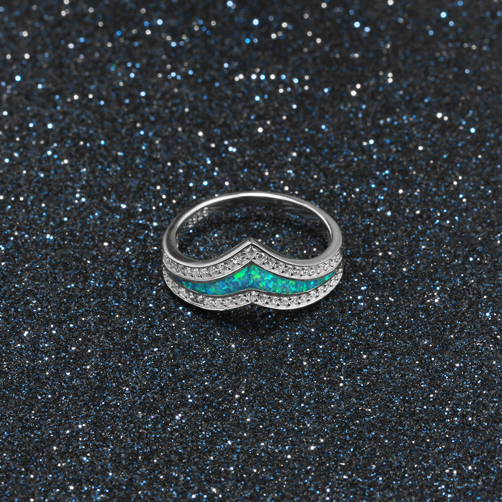 V Shape Princess Crown Blue Opal Zircon Sterling Silver Ring