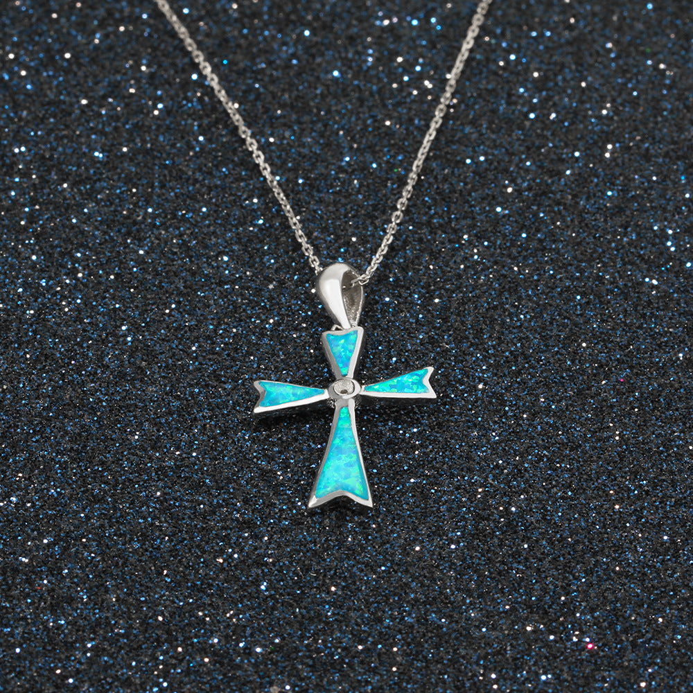 Blue Opal Byzantine Cross Sterling Silver Necklace