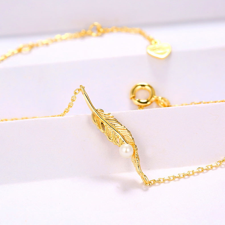 Feather Pendant Pearl Sterling Silver Bracelet