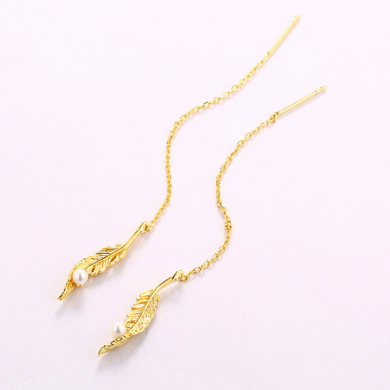 Feather Pendant Pearl Long Tassel Sterling Silver Ear Line Earrings