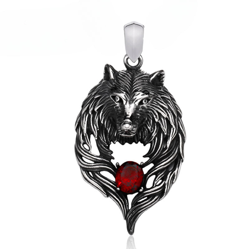 Viking-Inspired Titanium Steel Wolf Head Pendant with Stone Accents for Men