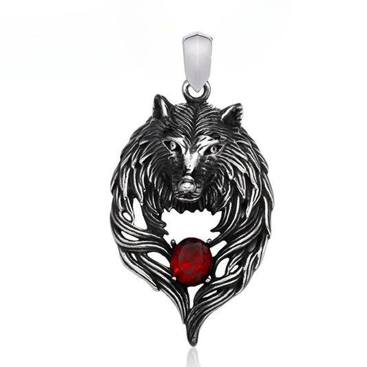 Viking-Inspired Titanium Steel Wolf Head Pendant with Stone Accents for Men