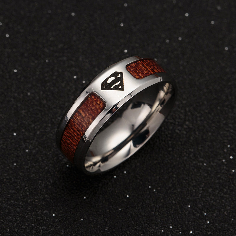 Handcrafted Acacia Wood Grain Men's Ring - Steel Construction, Size 6-13