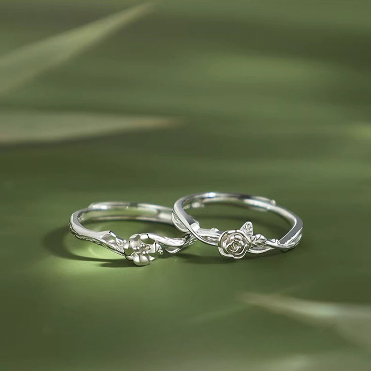 Rose and Platycodon 925 Sterling Silver Ring for Sisters