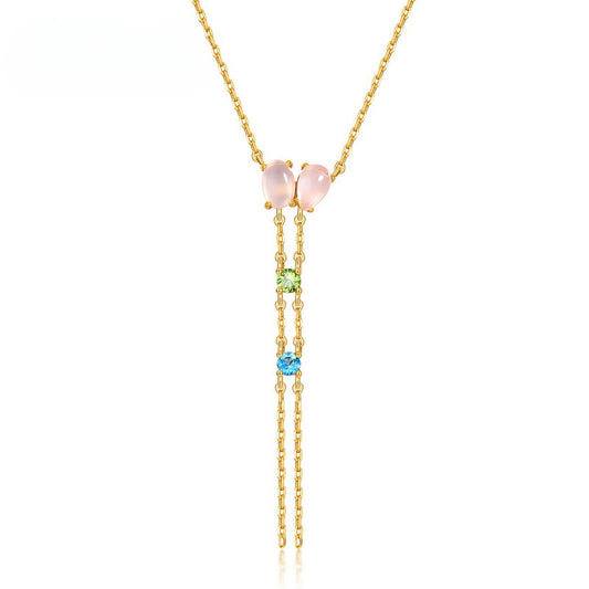 Double Pink Crystal Tassel Silver Necklace