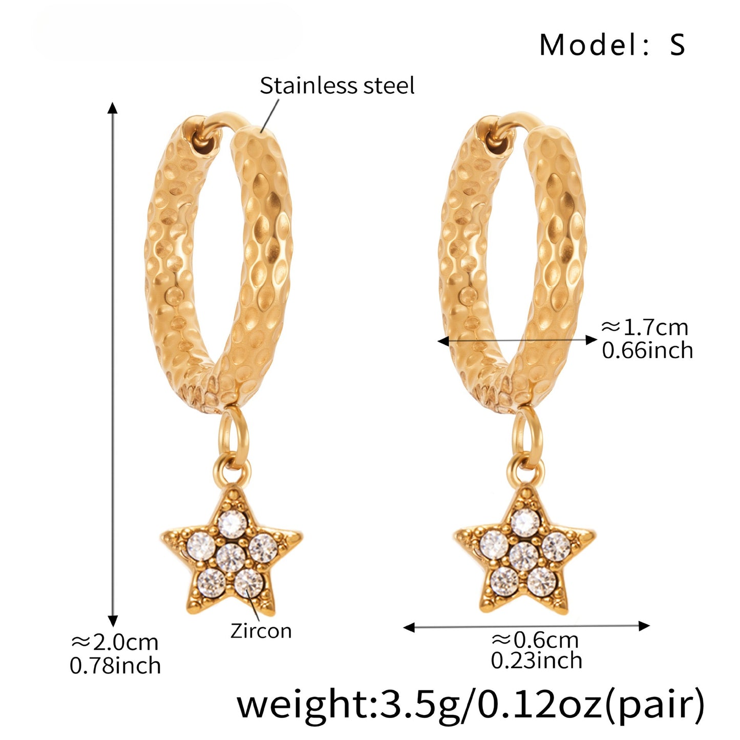 Planderful Zirconium Pentagram Earrings 18K Goldplated Bold
