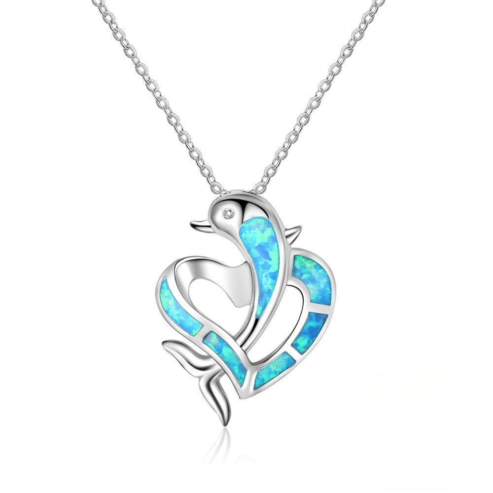 Planderful Jewelry Opal Necklace Silver Dolphin Pendant