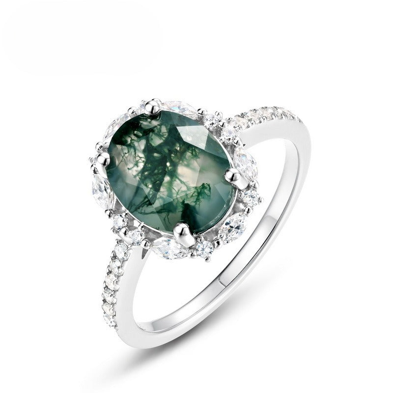 Planderful Jewelry Elegant Sterling Silver Agate Ring with Versatile Oval Green Moss Design, European Fashion Style for Everyday Wear