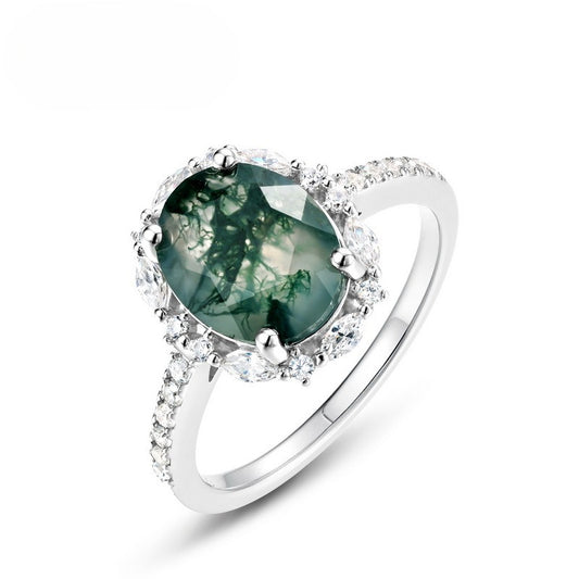 Planderful Jewelry Elegant Sterling Silver Agate Ring with Versatile Oval Green Moss Design, European Fashion Style for Everyday Wear