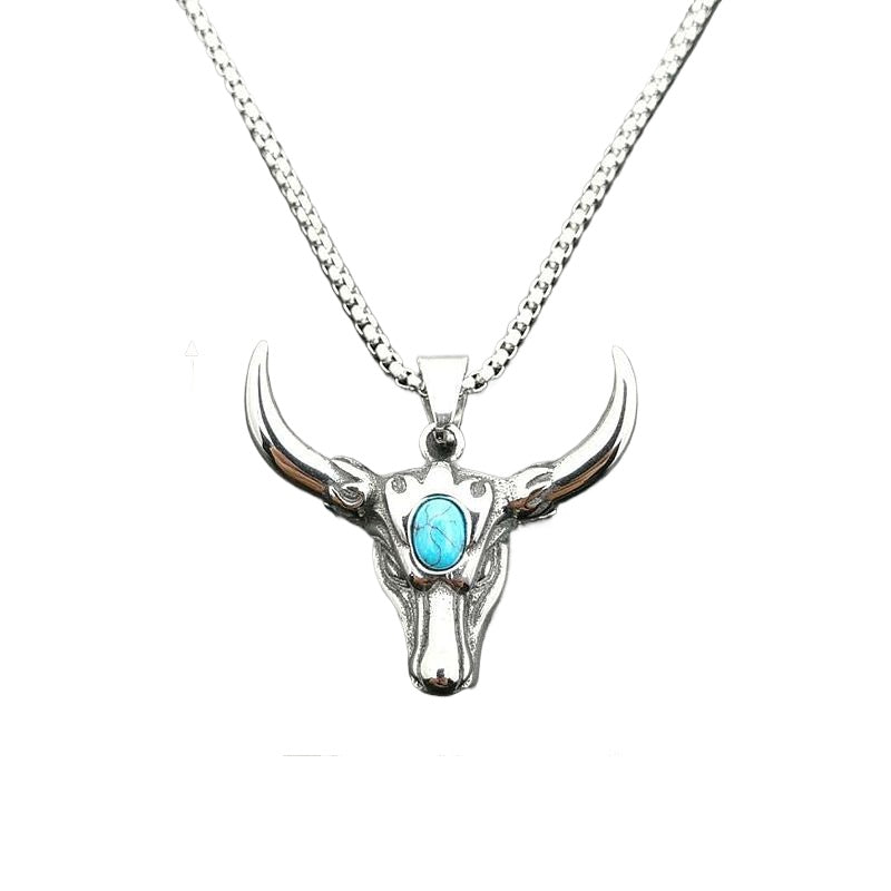 Planderful Punk Turquoise Bull Head Necklace Bold Polished Titanium Steel Jewelry For Rock Fans