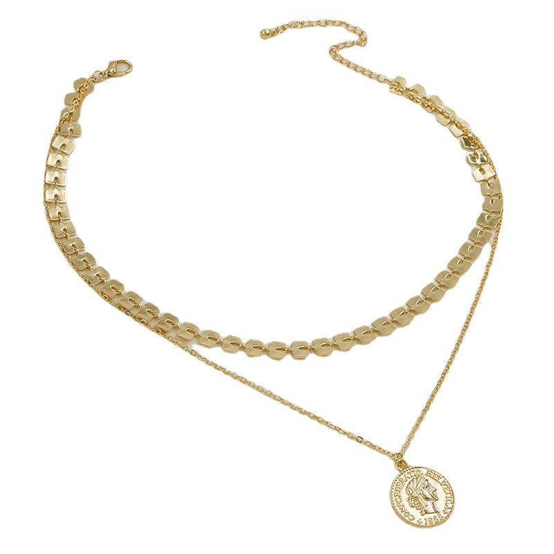 European and American Double-layer Gold Coin Necklace with Hierarchical Chain Jev5elry