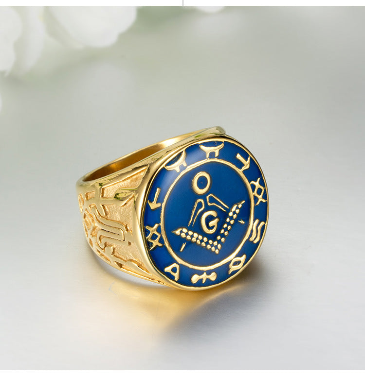 European – American Stainless Steel Freemason Ring – Gold Enamel Fraternity