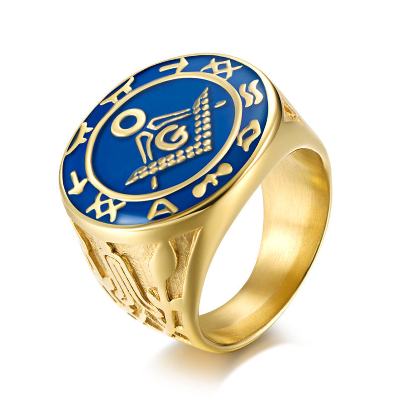 European – American Stainless Steel Freemason Ring – Gold Enamel Fraternity