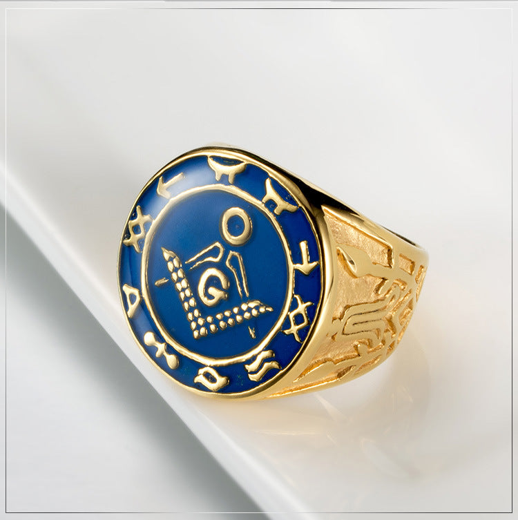 European – American Stainless Steel Freemason Ring – Gold Enamel Fraternity