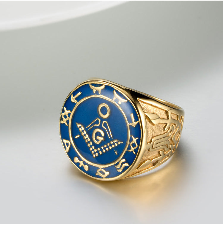 European – American Stainless Steel Freemason Ring – Gold Enamel Fraternity