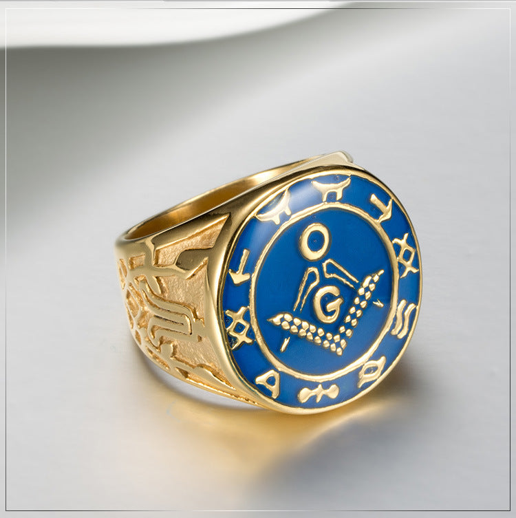 European – American Stainless Steel Freemason Ring – Gold Enamel Fraternity