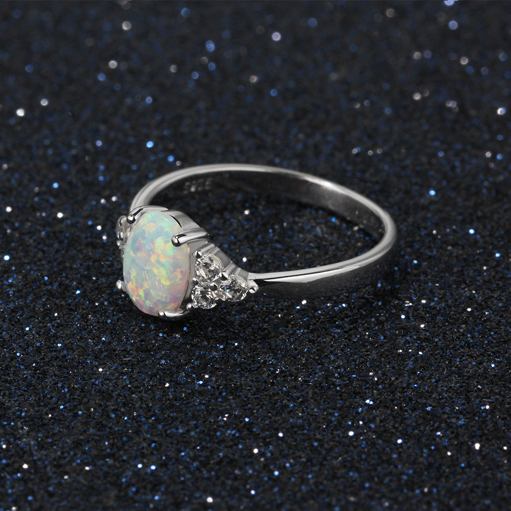 Oval Opal with Six Small Zircon Silver Sterling Ring