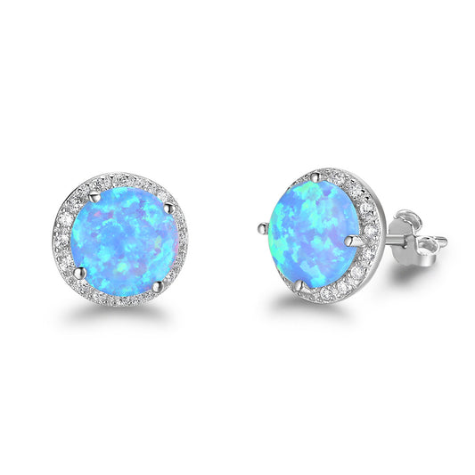 Single Blue Round Opal Zircon Soleste Halo Sterling Silver Stud Earrings