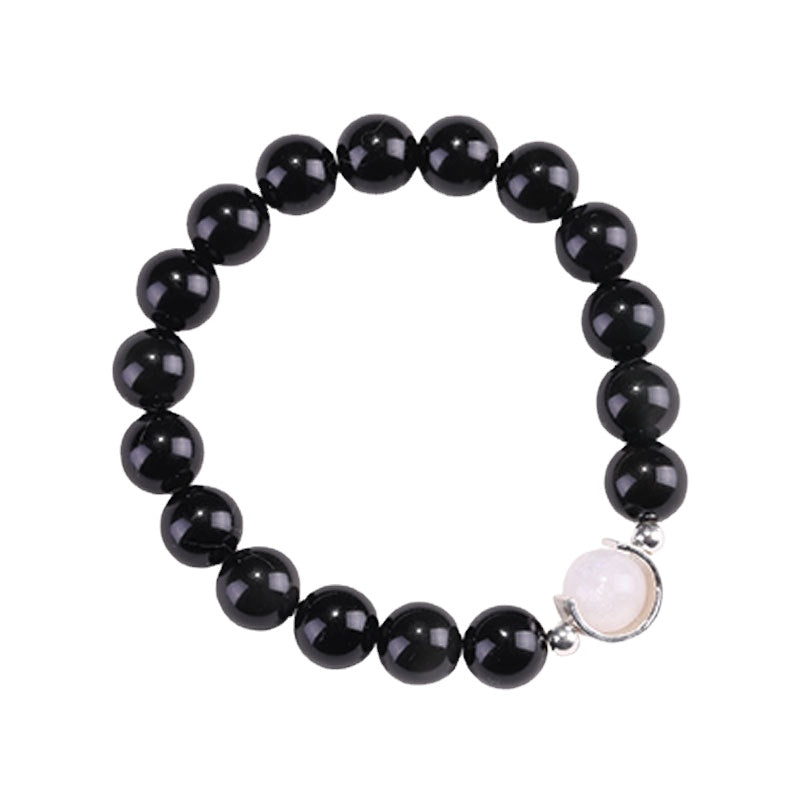 Sterling Silver Obsidian and Moonlight Stone Bracelet - Unisex Couple's Commemorative Gift