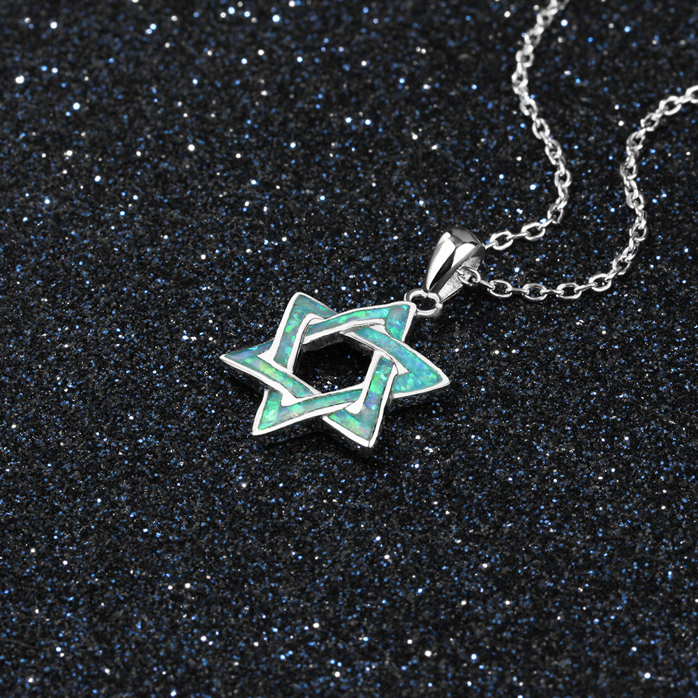 Blue Opal Hexagonal Star Sterling Silver Necklace